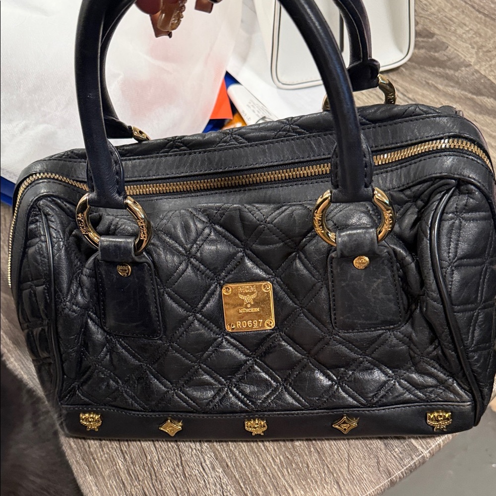 MCM Black Quilted Satchel with Gold Accents